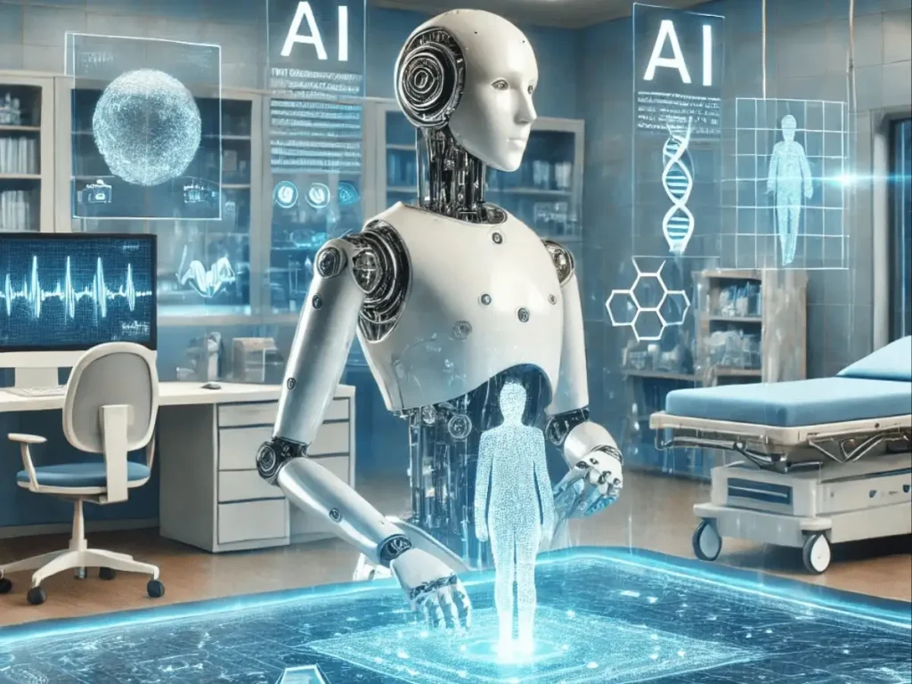 An-image-depicting-AI-in-healthcare-showing-a-robotic-assistant-analyzing-patient-data-on-a-holographic-screen