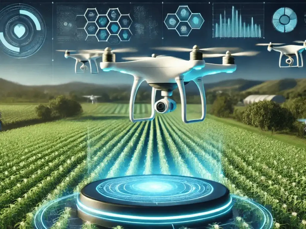 An-image-of-AI-powered-agriculture-solutions-featuring-drones-scanning-lush-green-fields-and-a-holographic-dashboard