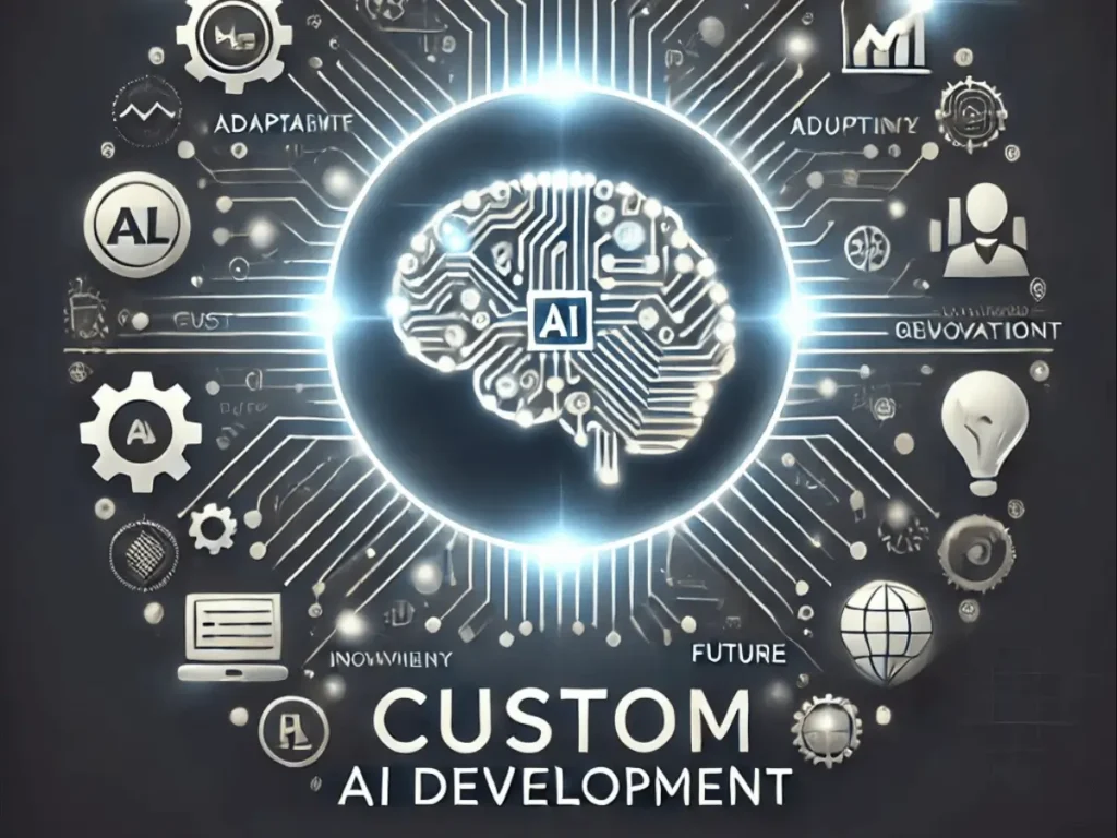 Custom-AI-Development-illustrated-with-a-glowing-AI-brain-and-industry-specific-futuristic-icons