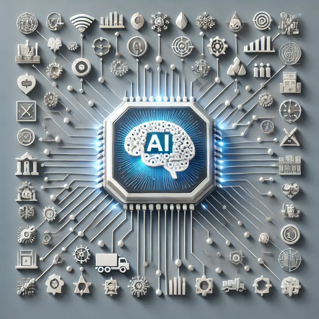 Image-symbolizing-how-custom-ai-solutions-are-transforming-industries-with-a-glowing-central-ai-brain-connected-to-universal-icons-representing-sectors-like-healthcare-manufacturing-agriculture