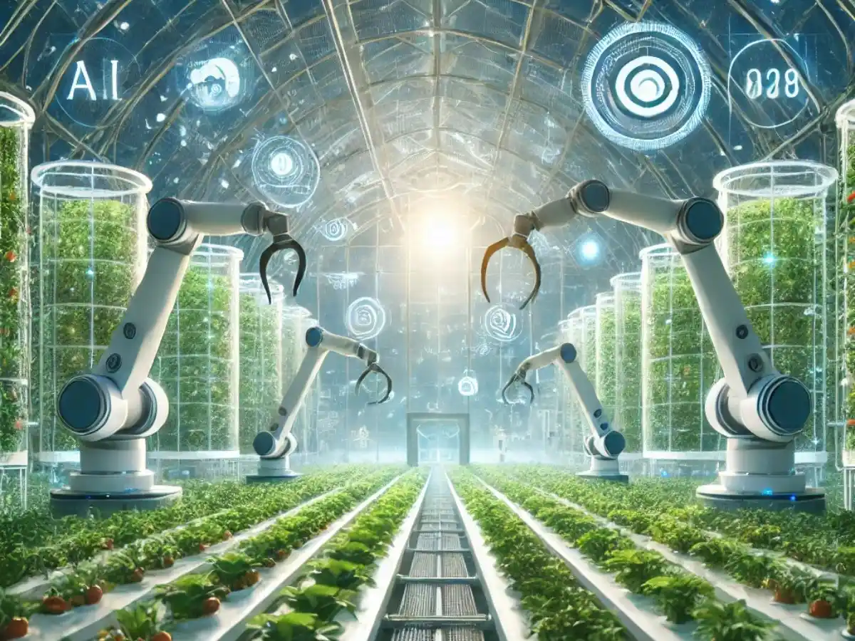 An-AI-integrated-greenhouse-with-robotic-arms-harvesting-vegetables-while-sensors-monitor-plant-growth-for-blog-AI-in-agriculture