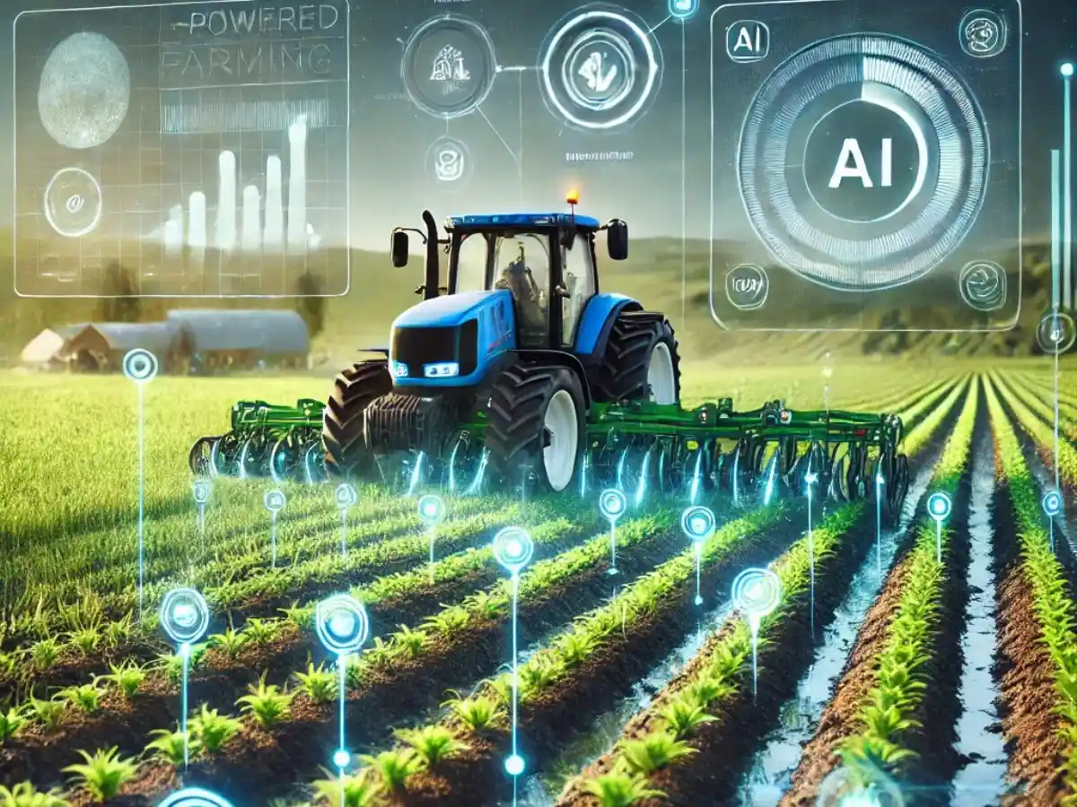 An-AI-powered-farming-system-featuring-an-autonomous-tractor-plowing-the-field-with-smart-irrigation-for-blog-AI-in-agriculture