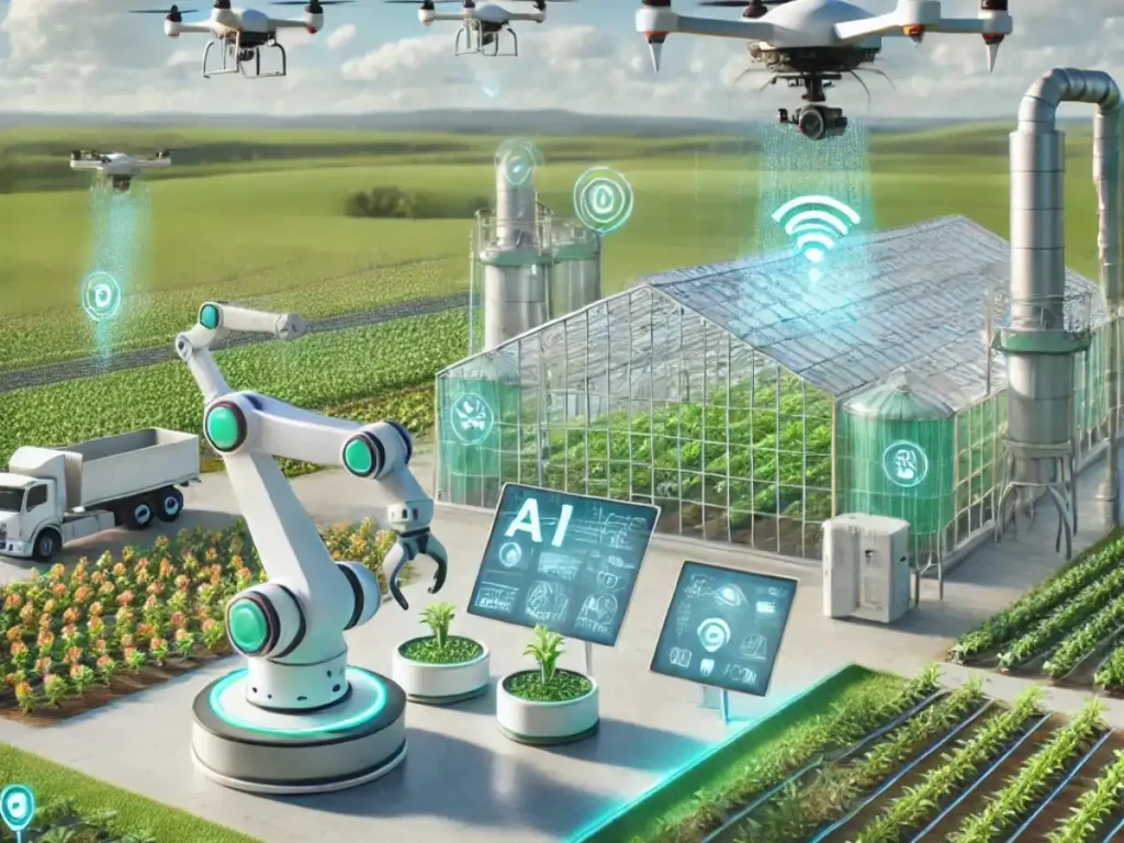 Smart-farm-with-AI-driven-automation-including-robots-analyzing-crops-and-drones-monitoring-fields-for-blog-AI-in-agriculture